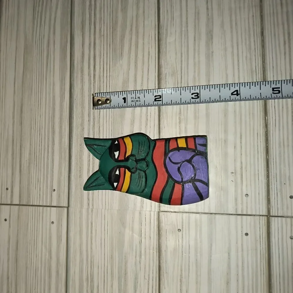 Folk Art Carved Wood Hand Painted Cat Figure Multicolor Decor 3'in Tall - Picture 7 of 8